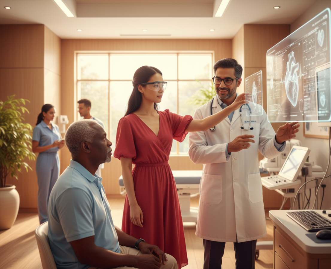 Scientist looking at a futuristic health data display